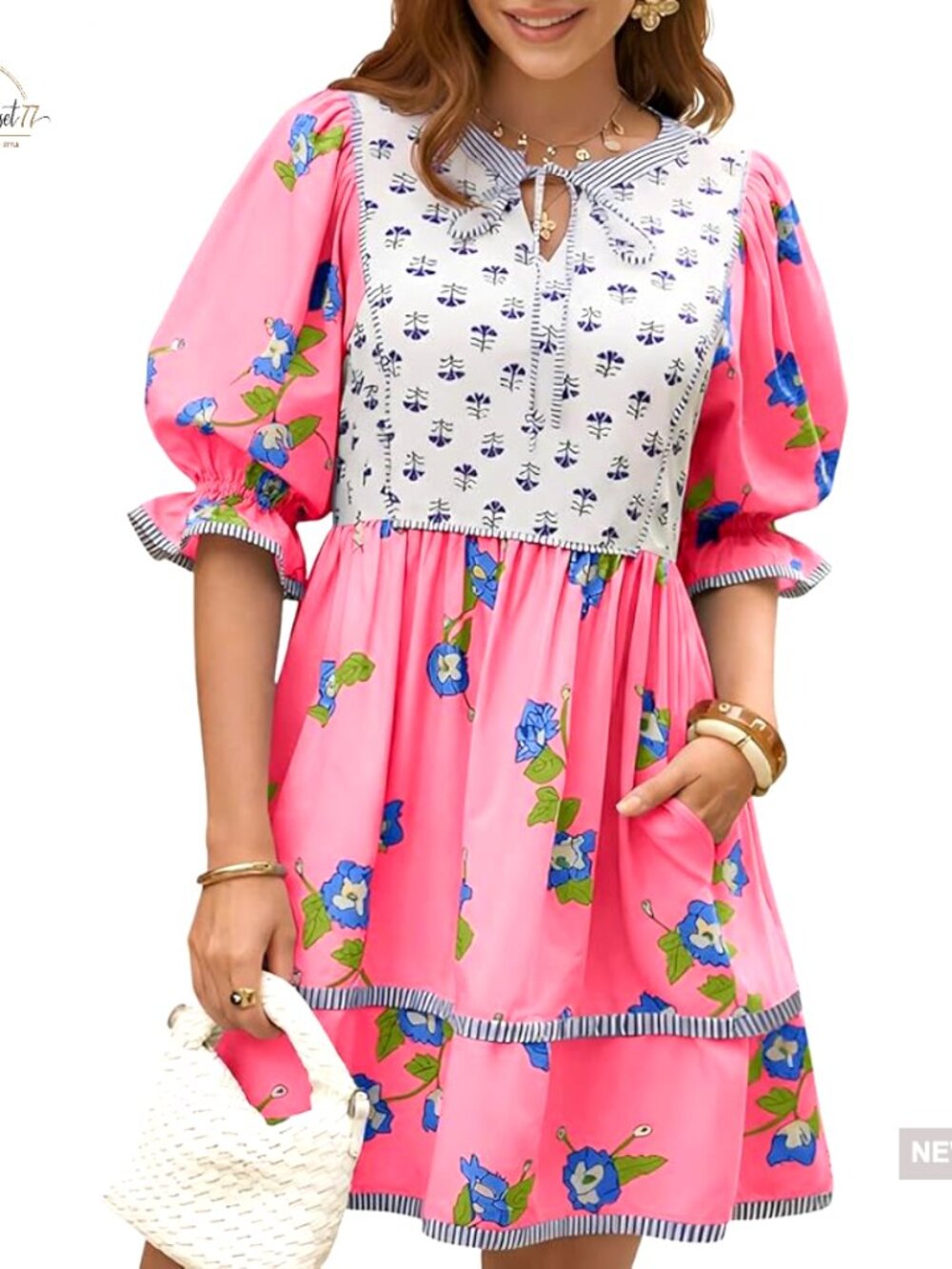 Floral Mini Dress Puff Sleeve V Neck Boho Casual Summer Loose Fit